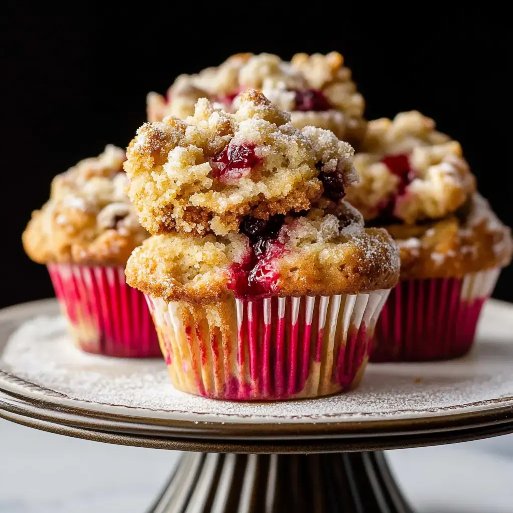 Des muffins moelleux, garnis de fruits et saupoudrés de sucre, sont présentés sur un plat.