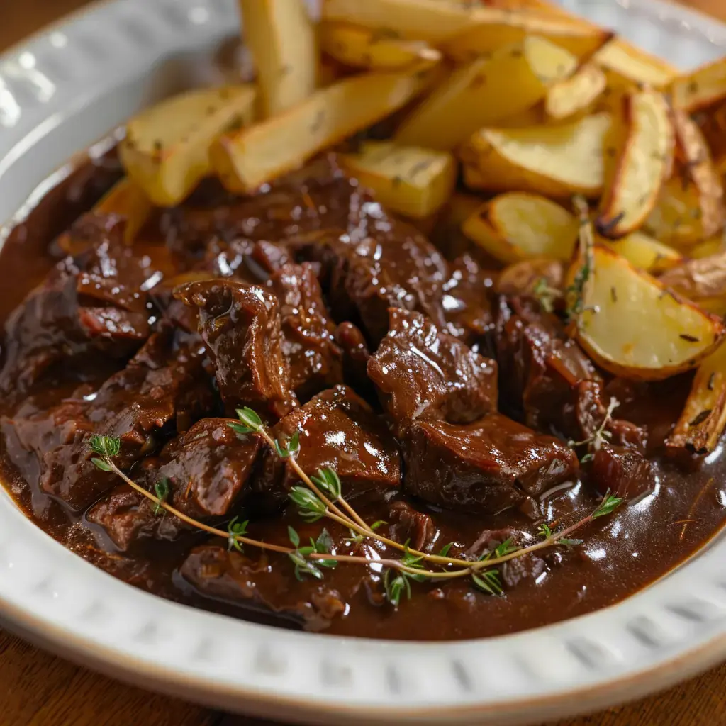 Un plat de viande braisée dans une sauce épaisse, accompagné de pommes de terre rôties, décoré d'une brin de thym.