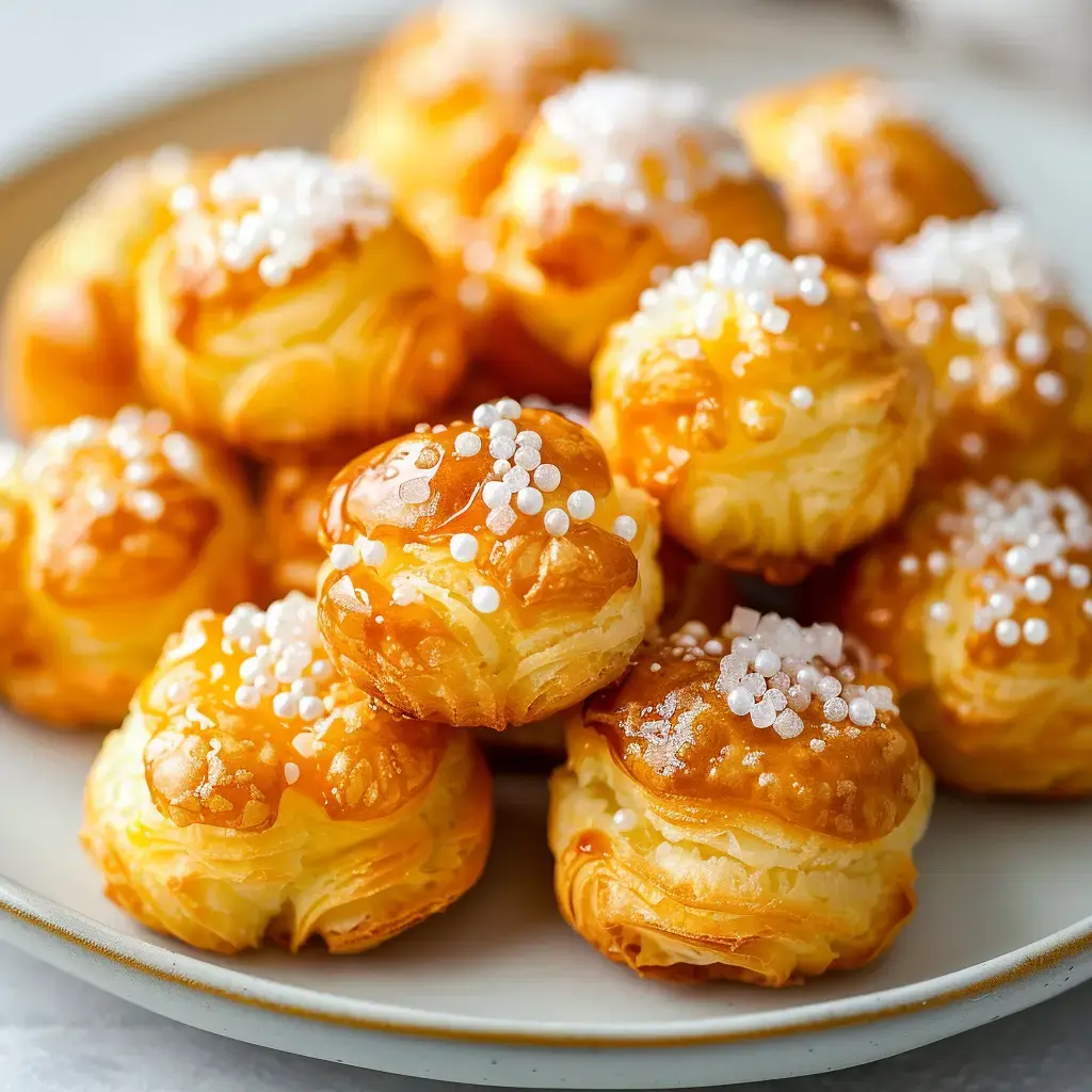 Des petits pains dorés et croustillants, garnis de sucre perlé, présentés sur une assiette.