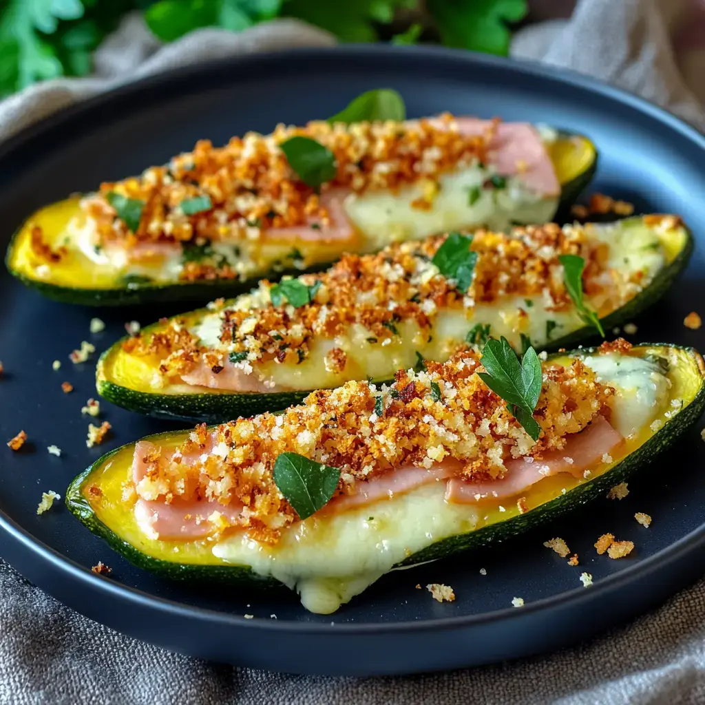 Des courgettes farcies au fromage, jambon et chapelure, garnies de persil, sur une assiette noire.