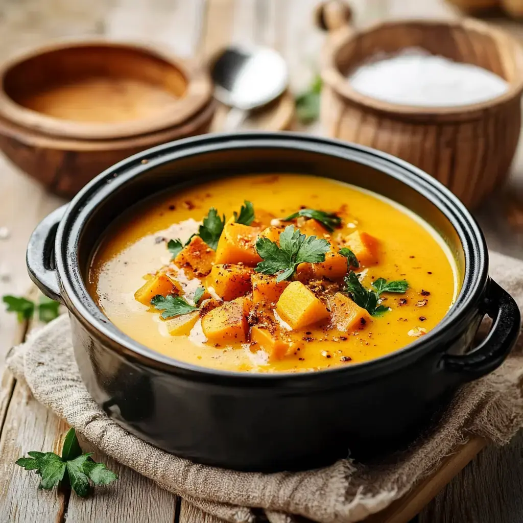 Une soupe de courge servie dans un plat noir, garnie de morceaux de courge, de coriandre et de poivre sur un fond en bois.