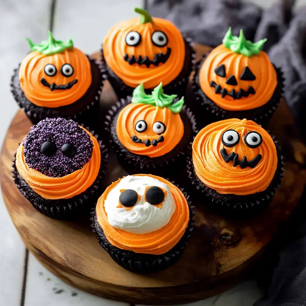 Des cupcakes d'Halloween décorés en forme de citrouilles avec des glaçages orange et des visages amusants sur un plateau en bois.