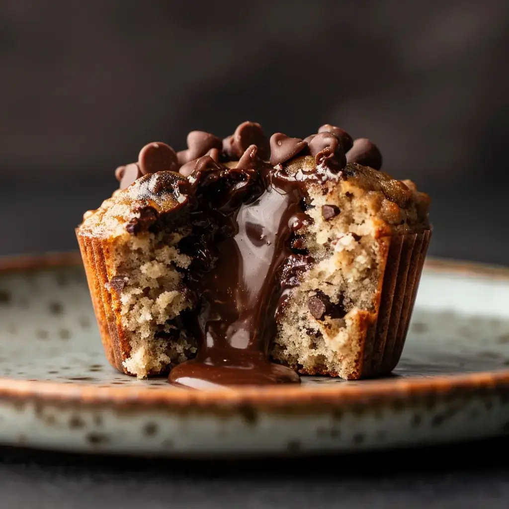 Un muffin moelleux au chocolat avec un centre fondant, garni de pépites de chocolat.