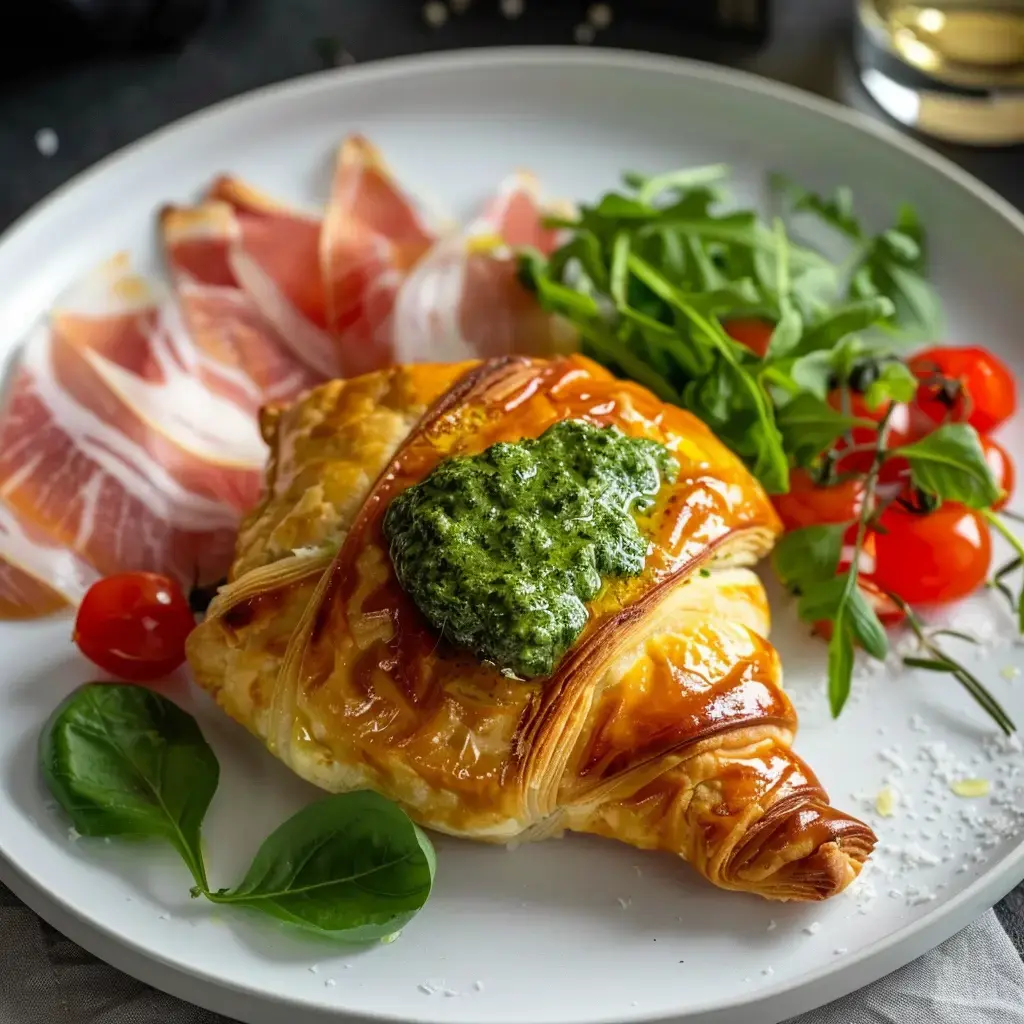 Un plat gourmet composé d'un feuilleté doré, garni de pesto, accompagné de fines tranches de jambon, de roquette, de tomates cerises et de feuilles de basilic.