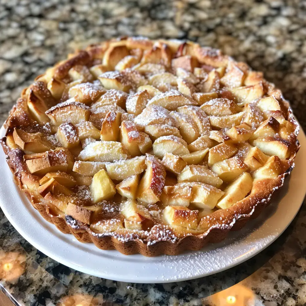 Une tarte aux pommes garnie de morceaux de pommes et saupoudrée de sucre glace, posée sur une assiette blanche.