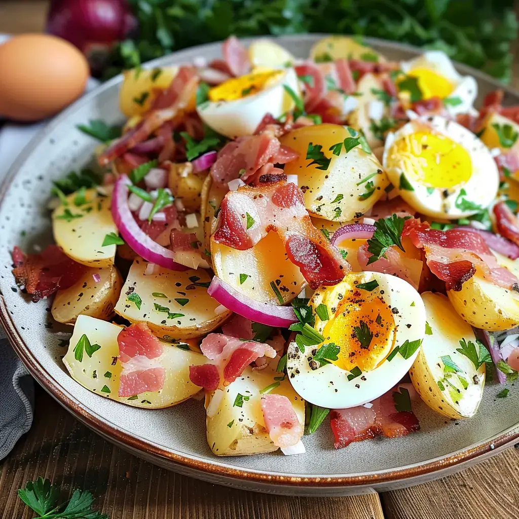 Salade de pommes de terre garnie de bacon, d'œufs durs, d'oignons rouges et de persil frais.