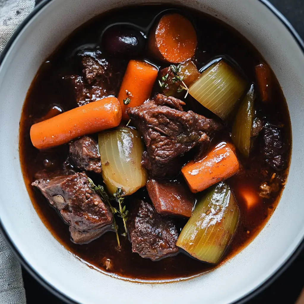 Un plat de viande mijotée avec des carottes, des oignons et des herbes, servi dans une grande assiette.