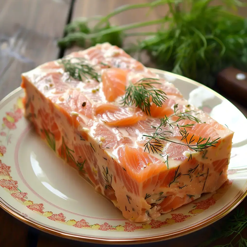 Un bloc de saumon accompagnée d'aneth est présenté sur une assiette ornée.