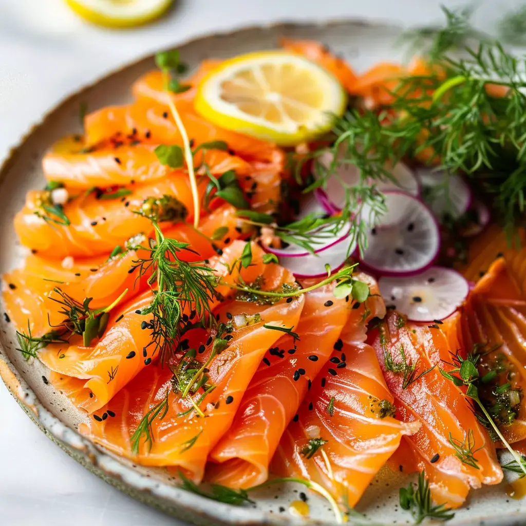 Un plat de saumon fumé garnie de tranches de citron, d'herbes fraîches et de radis.