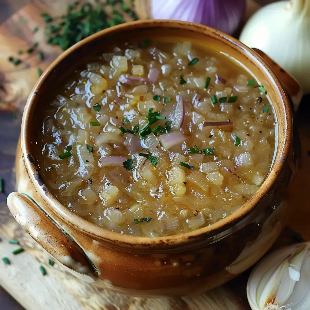 Un pot en terre cuite rempli d'une soupe épaisse aux oignons, garnie de ciboulette, est posé sur une planche en bois, accompagné d'oignons en arrière-plan.