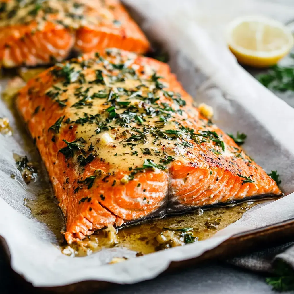 Du saumon cuit, nappé d'une sauce à l'ail et parsemé de herbes, est présenté sur du papier cuisson avec un citron à côté.