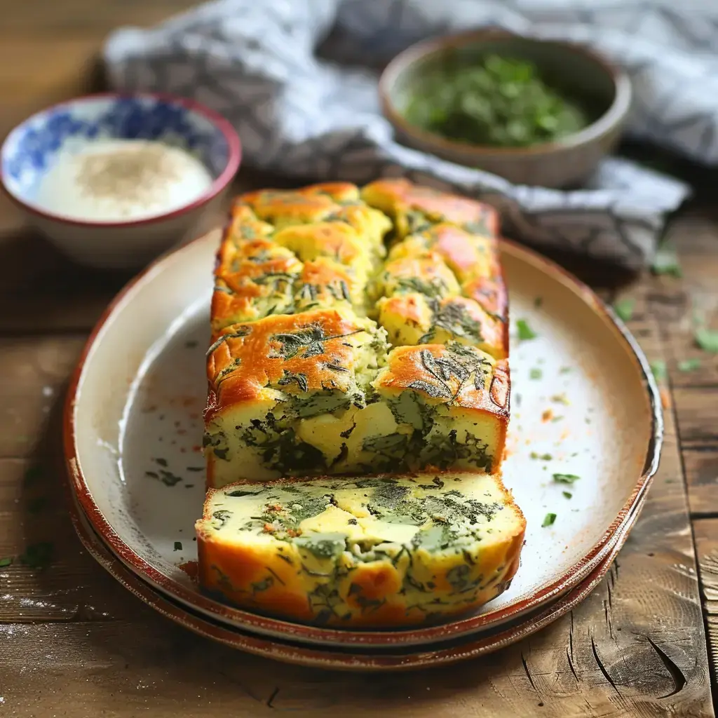 Un cake aux herbes, coupé en tranches, est présenté sur une assiette avec des garnitures en arrière-plan.