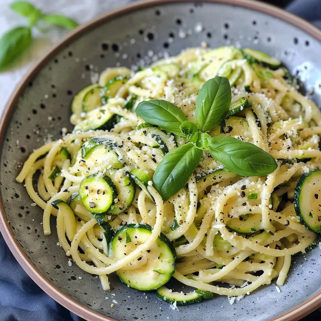 Pâtes aux courgettes garnies de basilic frais et de fromage râpé, servies dans une assiette profonde.