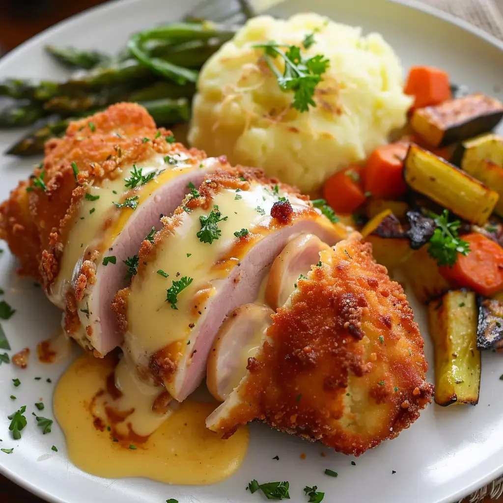 Un plat de poulet pané et au fromage avec de la purée de pommes de terre, des légumes rôtis et des asperges.