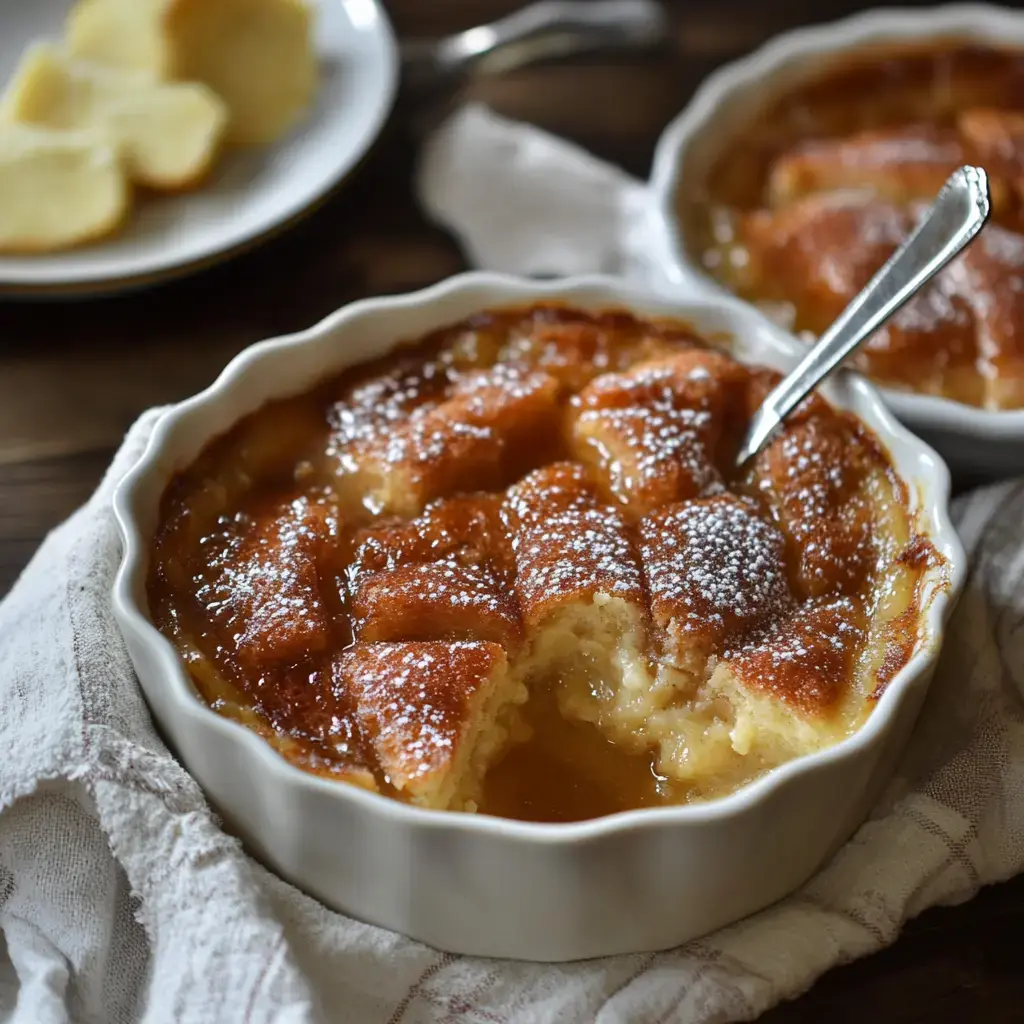 Un dessert crémeux et doré, saupoudré de sucre glace, est servi dans un plat en céramique, avec une portion manquante.