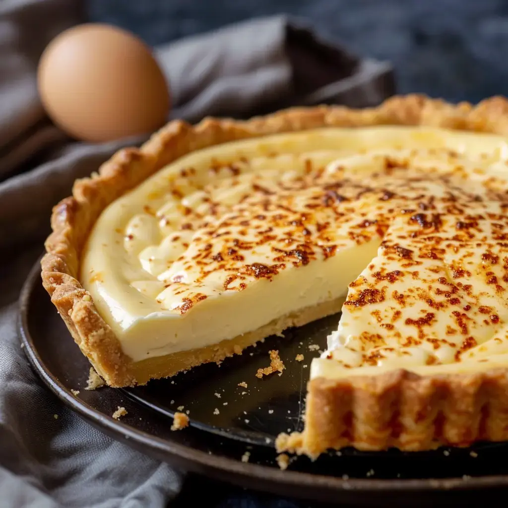 Une tarte crémeuse au flan, avec une croûte dorée et une part découpée, est présentée sur une assiette noire, à côté d'un œuf.