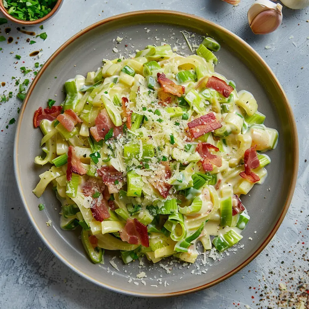 Un plat de pâtes crémeux garni de lardons et de poireaux, parsemé de fromage râpé.