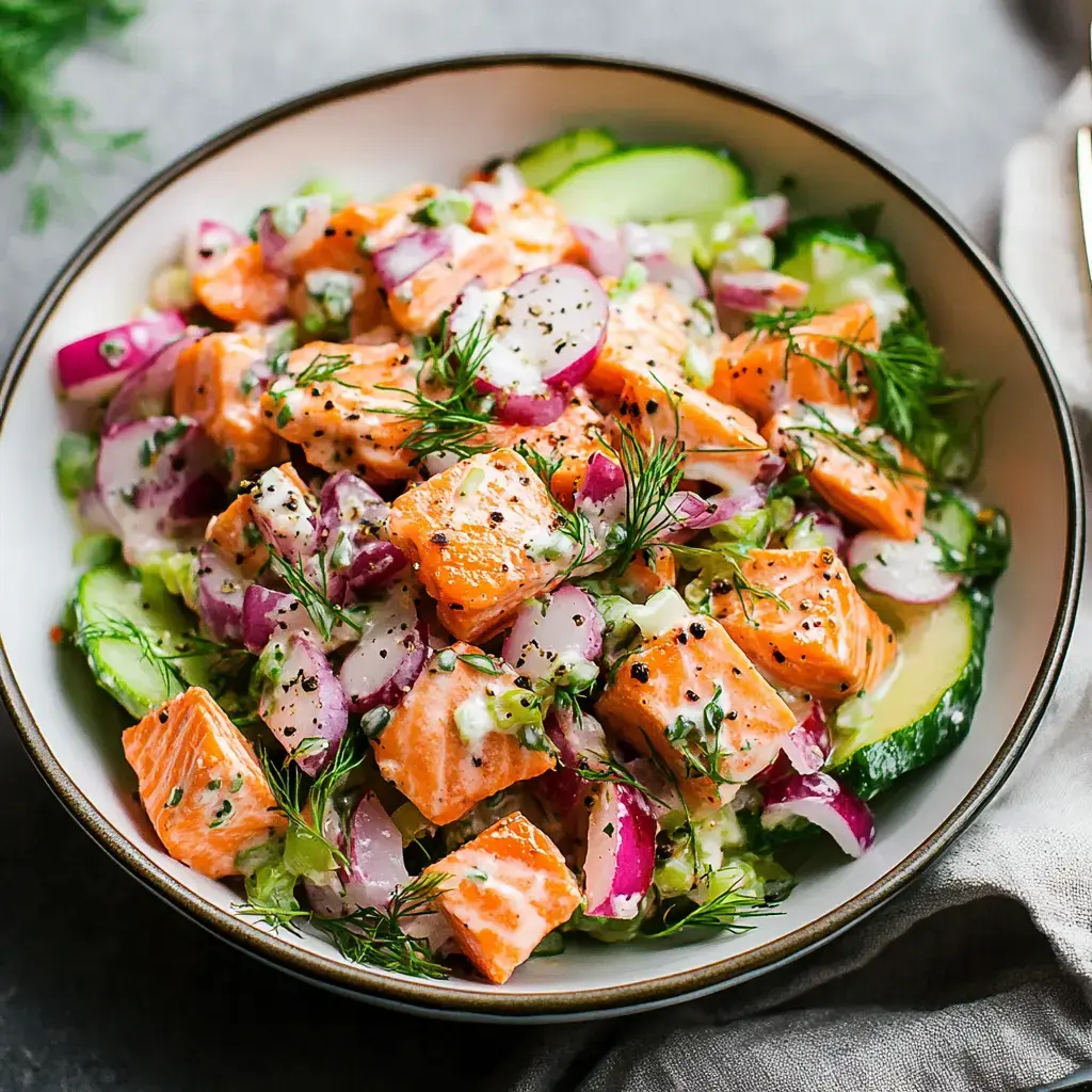 Une salade colorée composée de dés de saumon, radis, oignons rouges et concombres, le tout agrémenté d'aneth.