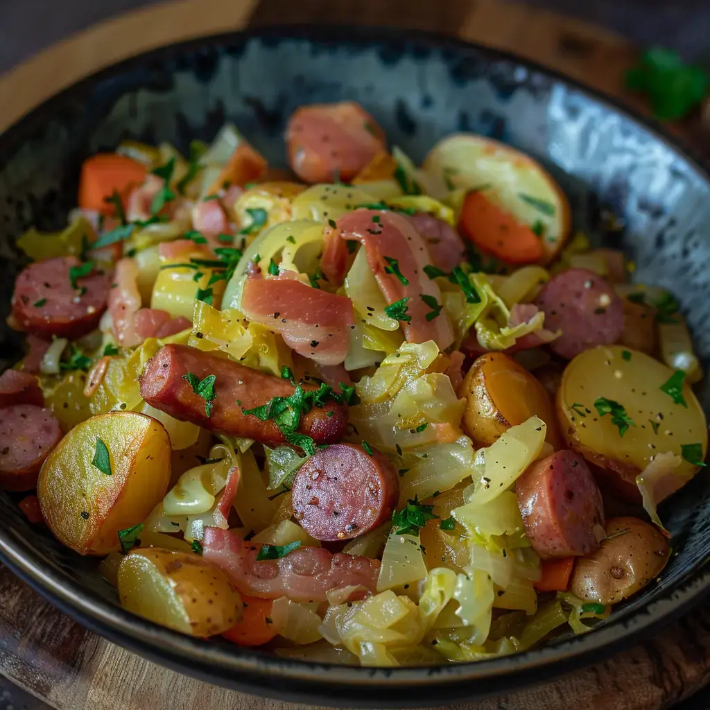 Un plat coloré de chou, de saucisses et de pommes de terre, garni de persil frais.