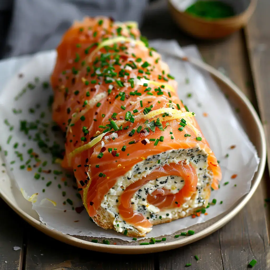 Un rouleau de pain garni de saumon fumé, crème, ciboulette et zestes de citron, présenté sur une assiette.