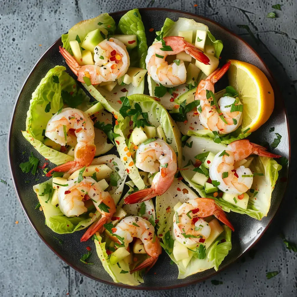 Assiette de crevettes servies sur des feuilles de laitue avec des morceaux de pomme, agrémentées de persil et d'épices.