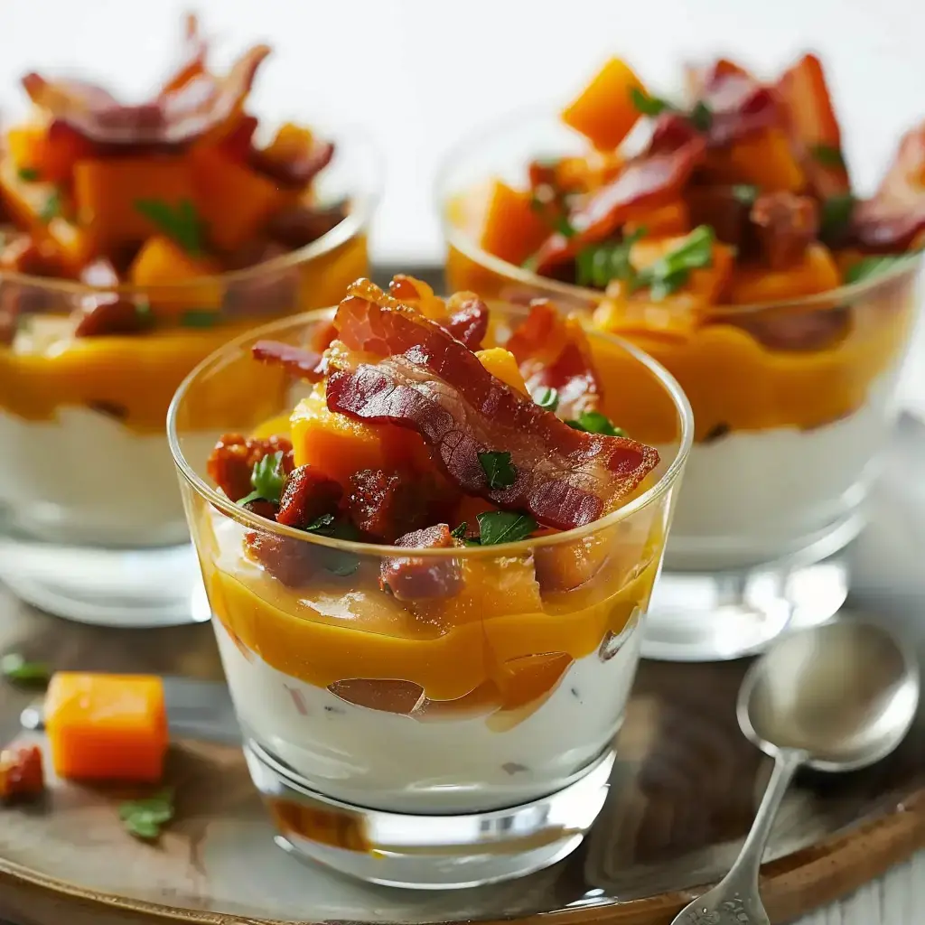 Trois coupes de dessert garnies de yaourt, purée de courge, morceaux de bacon croustillant et herbes fraîches.