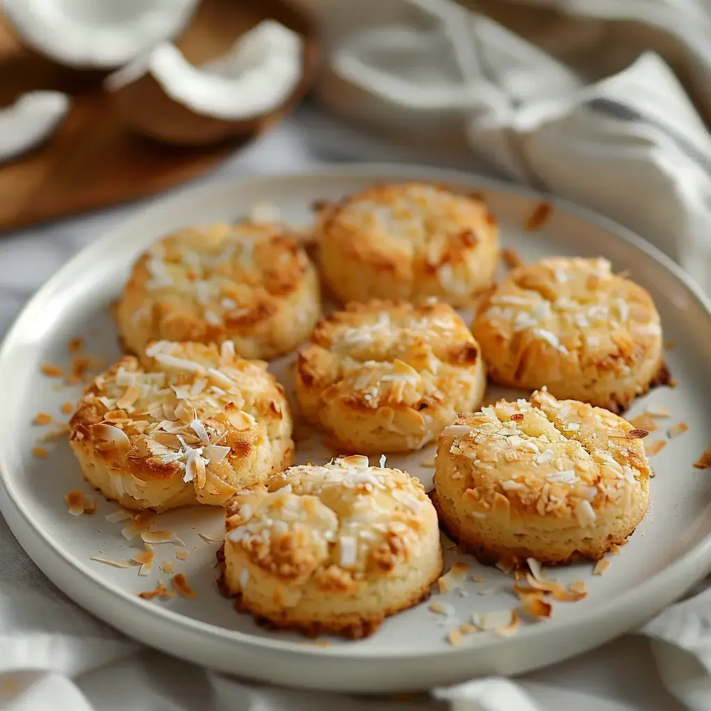 Des biscuits dorés aux noix de coco sont disposés sur une assiette blanche.