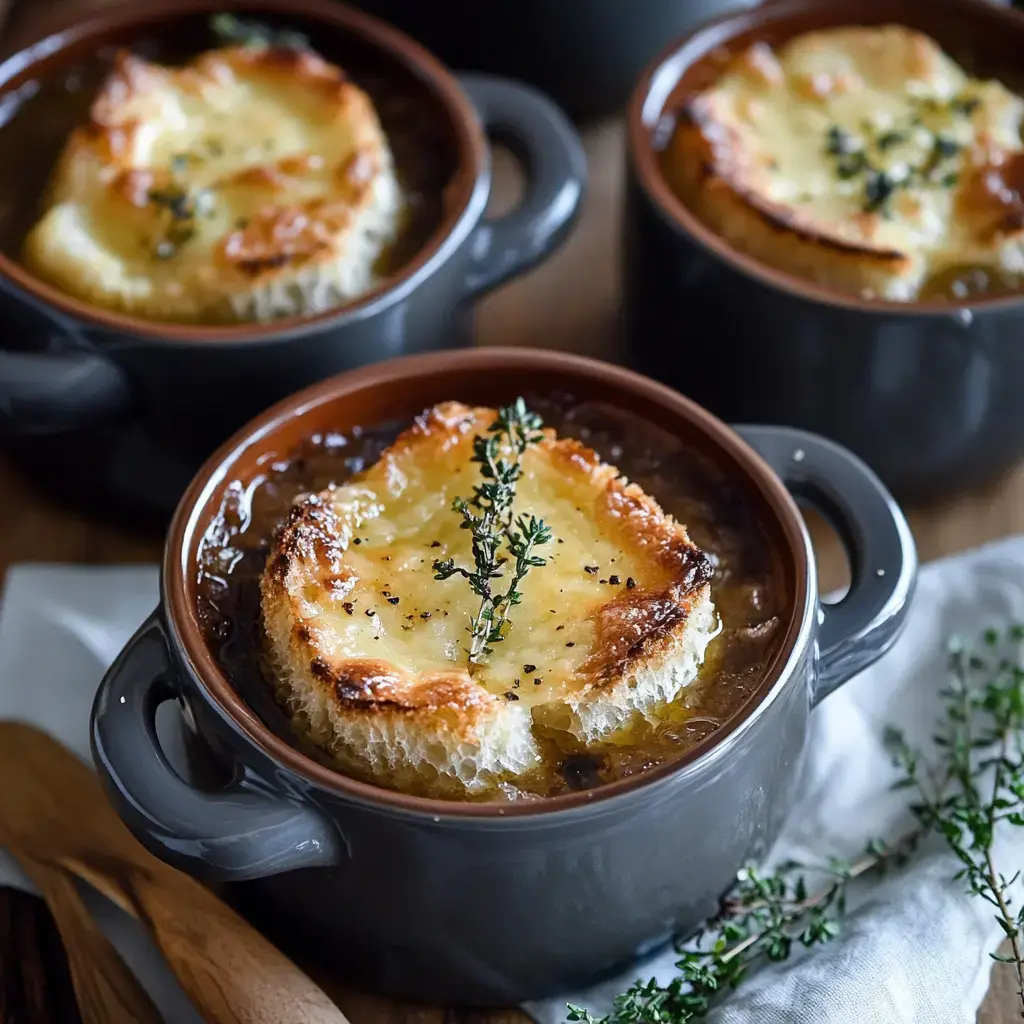 Une soupe à l'oignon gratinée, servie dans un bol en céramique avec du pain grillé et du fromage, garnie de thym.