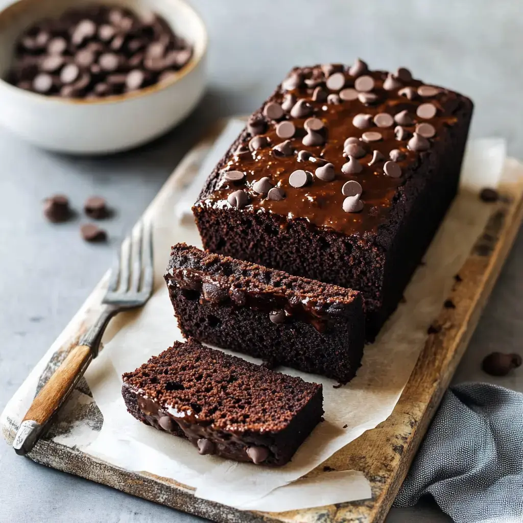 Un gâteau au chocolat avec un glaçage brillant et des pépites de chocolat, coupé en tranches, sur une planche en bois.