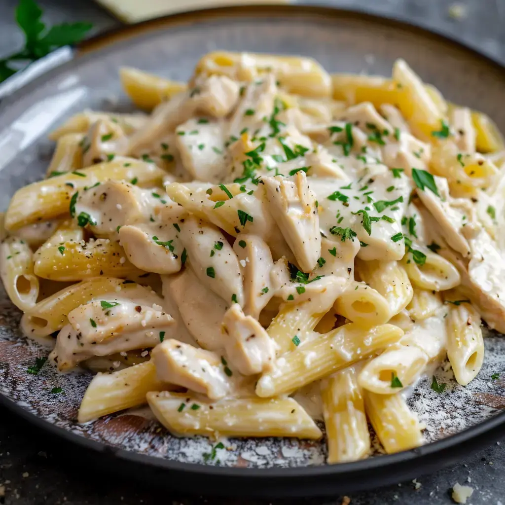 Pâtes au poulet en sauce crémeuse, garnies de persil frais.