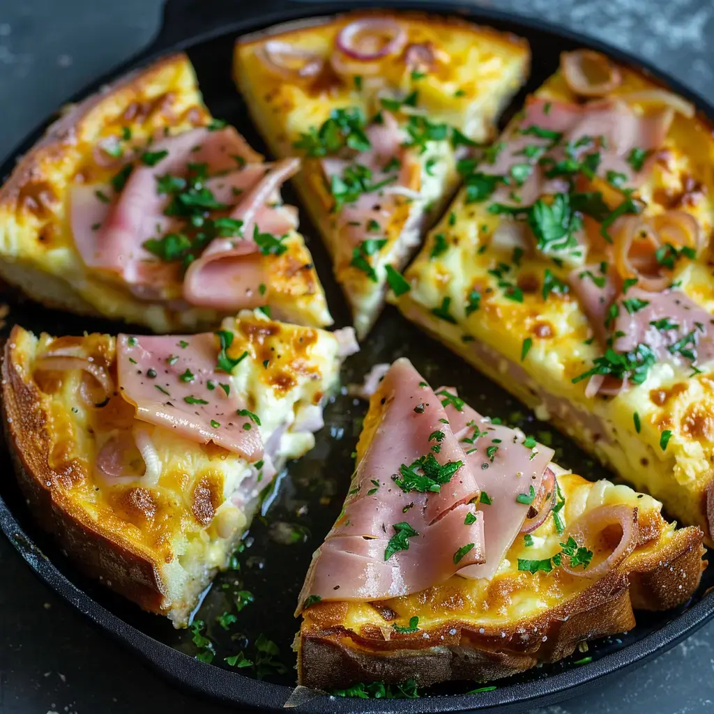 Tarte aux œufs découpée en part, garnie de jambon et de persil, servie dans une poêle en fonte.