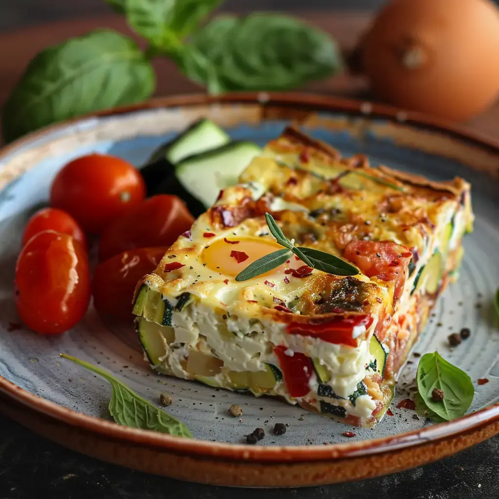 Une assiette de frittata garnie de légumes, d'une tomate et d'un œuf, accompagnée de tomates cerises et de concombre.