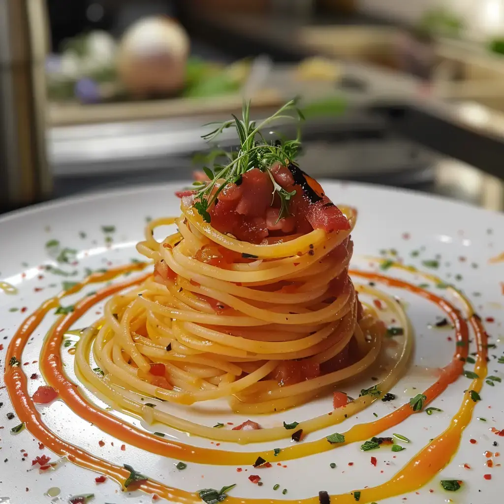 Un plat de spaghetti garni de tomates, herbes et sauces, présenté artistiquement sur une assiette blanche.