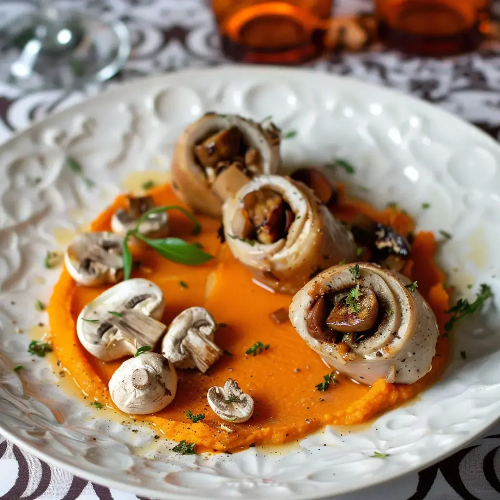 Un plat gourmet composé de rouleaux de viande farcis de champignons, servis sur une purée de carottes avec des champignons frais et des herbes.