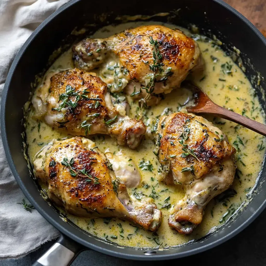 Des cuisses de poulet dorées dans une sauce crémeuse parsemée de thym, dans une poêle en fonte.