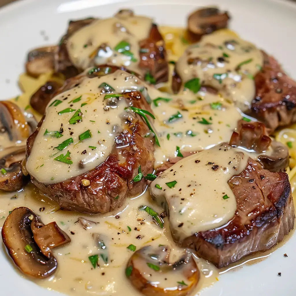 Un plat de filet de bœuf nappé d'une sauce crémeuse aux champignons et parsemé de persil.