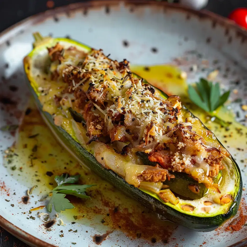 Courgette farcie garnie de viande, de fromage et d'épices, servie sur une assiette avec un peu de sauce.