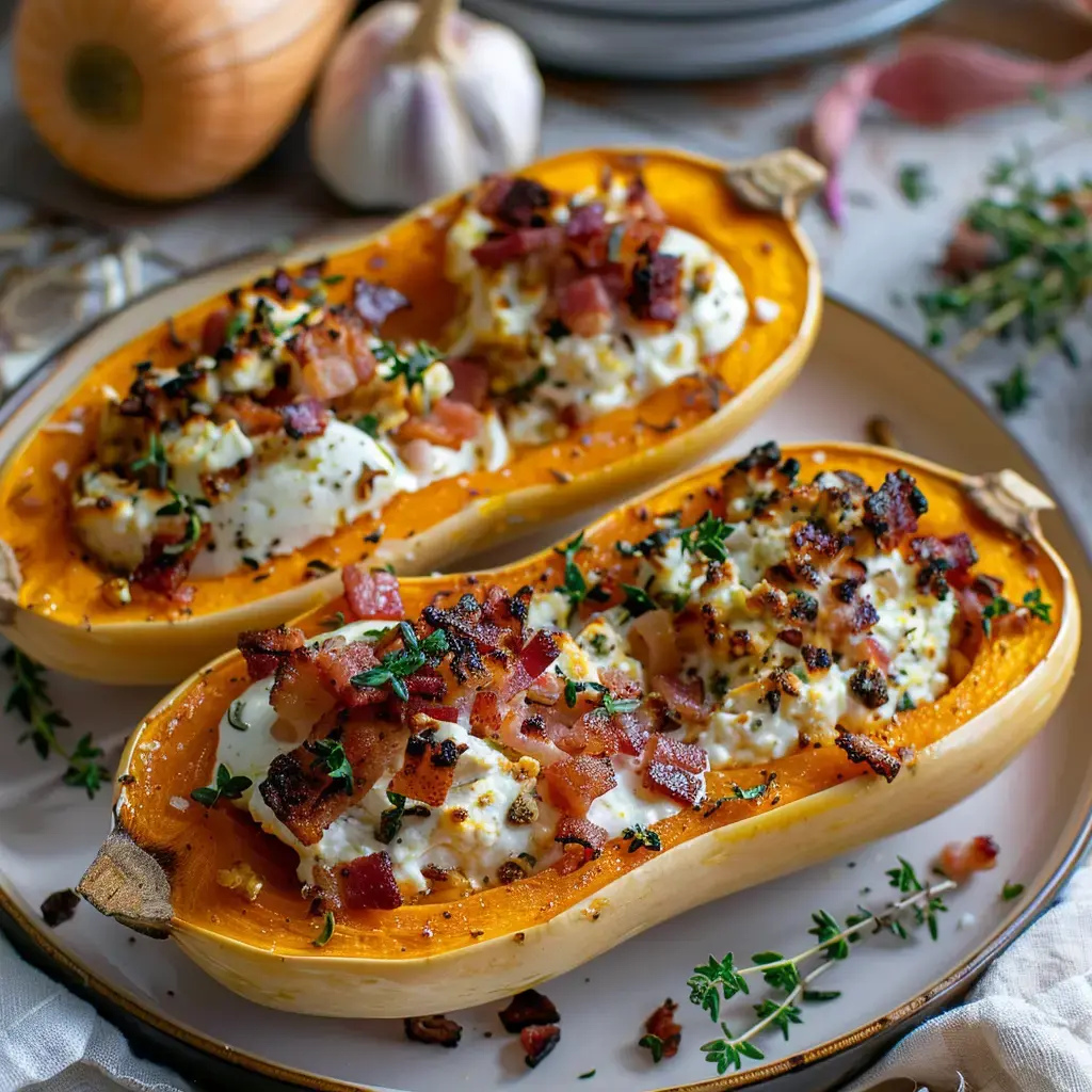 Deux moitiés de courge butternut garnies de fromage, de lard croustillant et de thym, présentées sur une assiette.