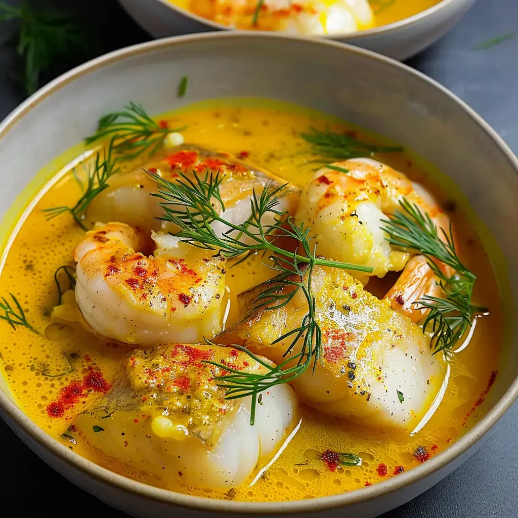 Plat de fruits de mer dans un bouillon épicé, agrémenté d'aneth frais et de paprika.