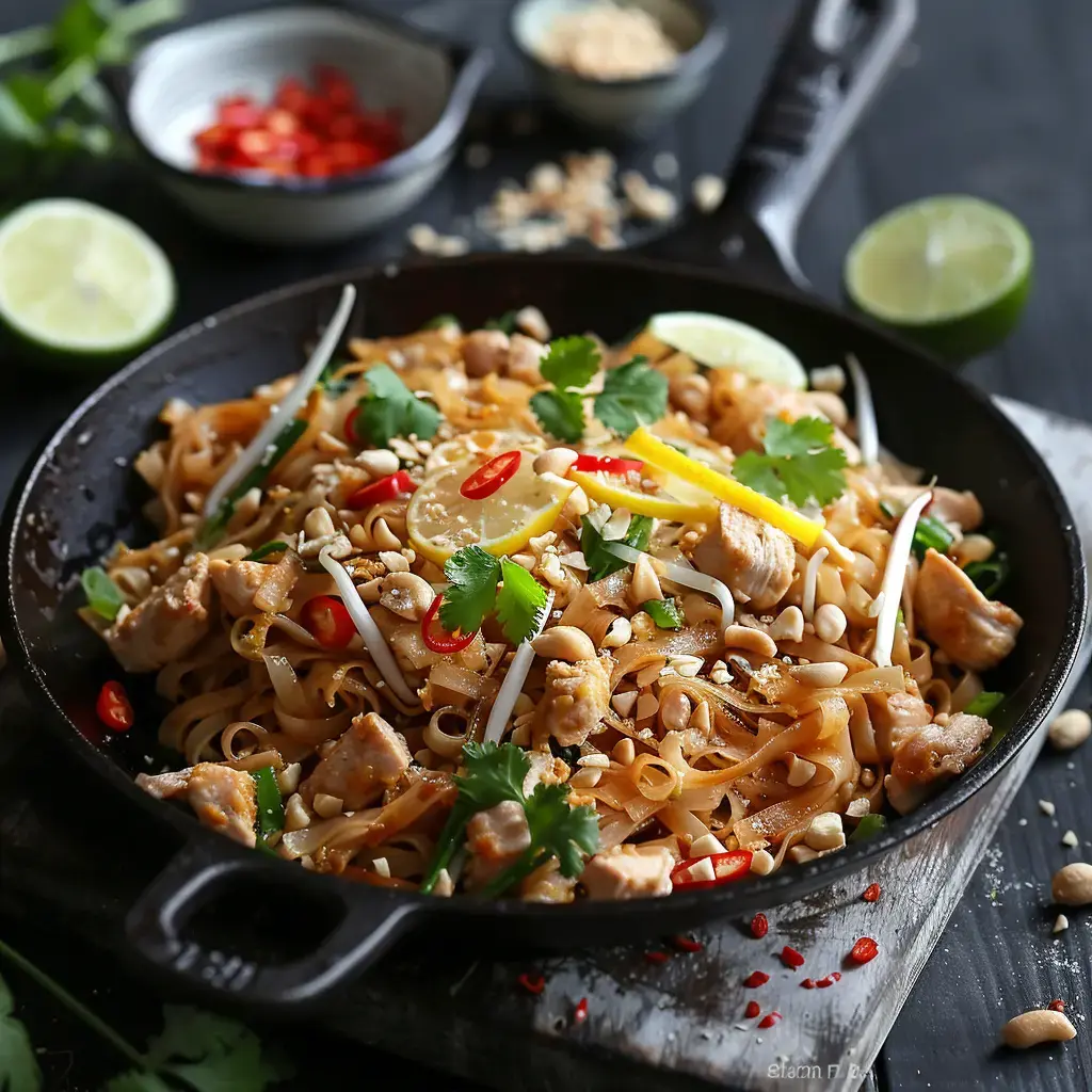 Un plat de nouilles sautées aux poulet, garni de citron, piments, cacahuètes et herbes fraîches, servi dans une poêle noire.