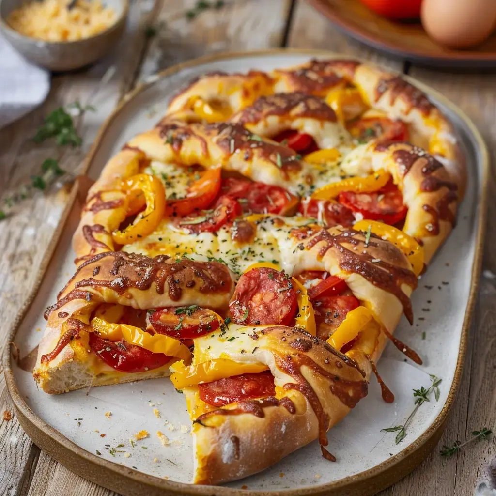 Une pizza garnie de tomates, de poivrons jaunes et de fromage, présentée sur une assiette en bois.