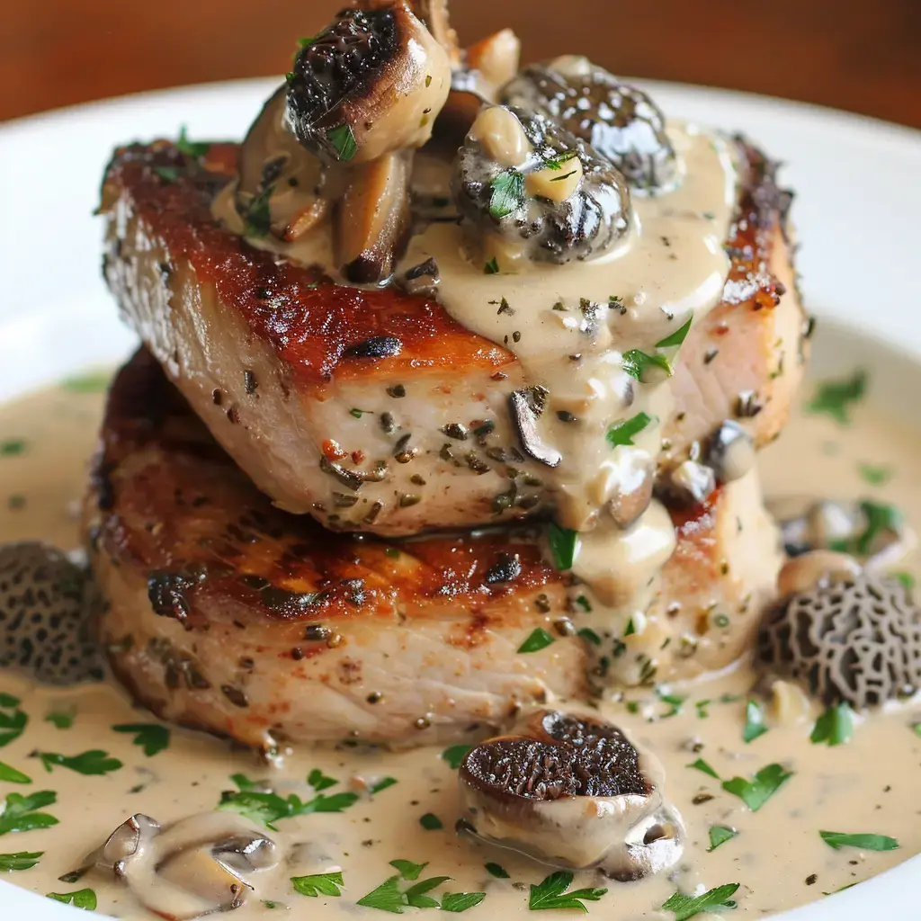 Un plat de viande empilée, nappé de sauce crémeuse avec des champignons et des morilles, garni de persil frais.