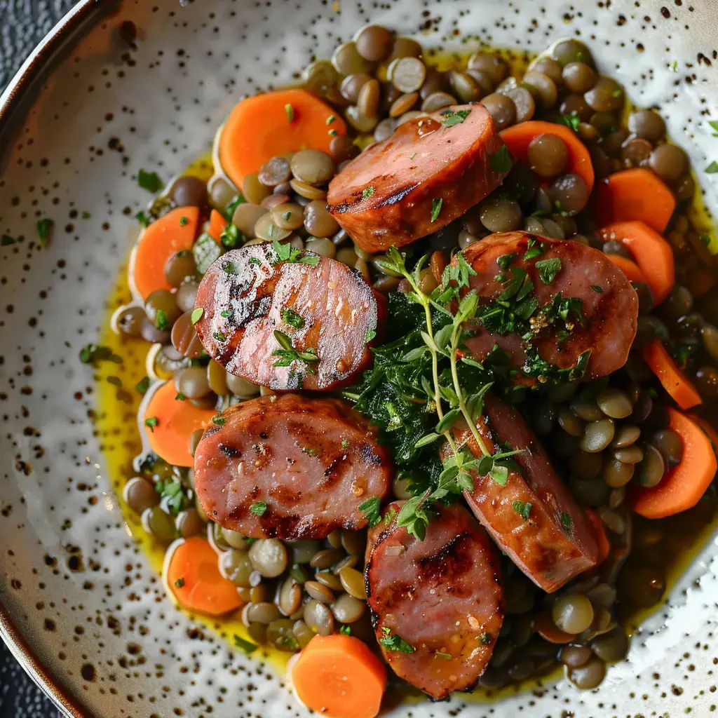 Assiette de lentilles vertes garnie de tranches de saucisse grillée et de rondelles de carottes, décorée de feuilles de persil et de thym.