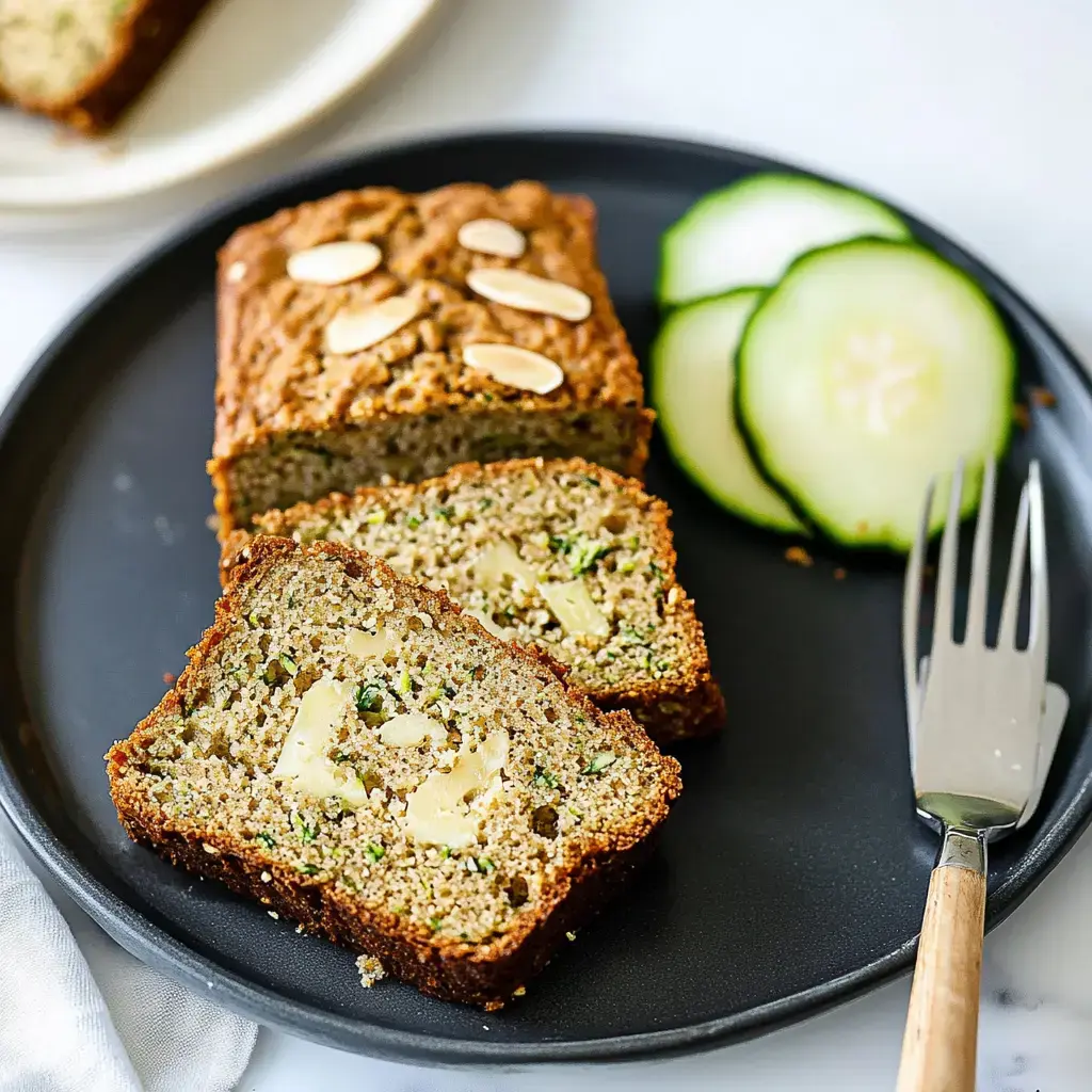 Une tranche de pain au courgette avec du beurre est servie sur une assiette noire, accompagnée de rondelles de concombre.