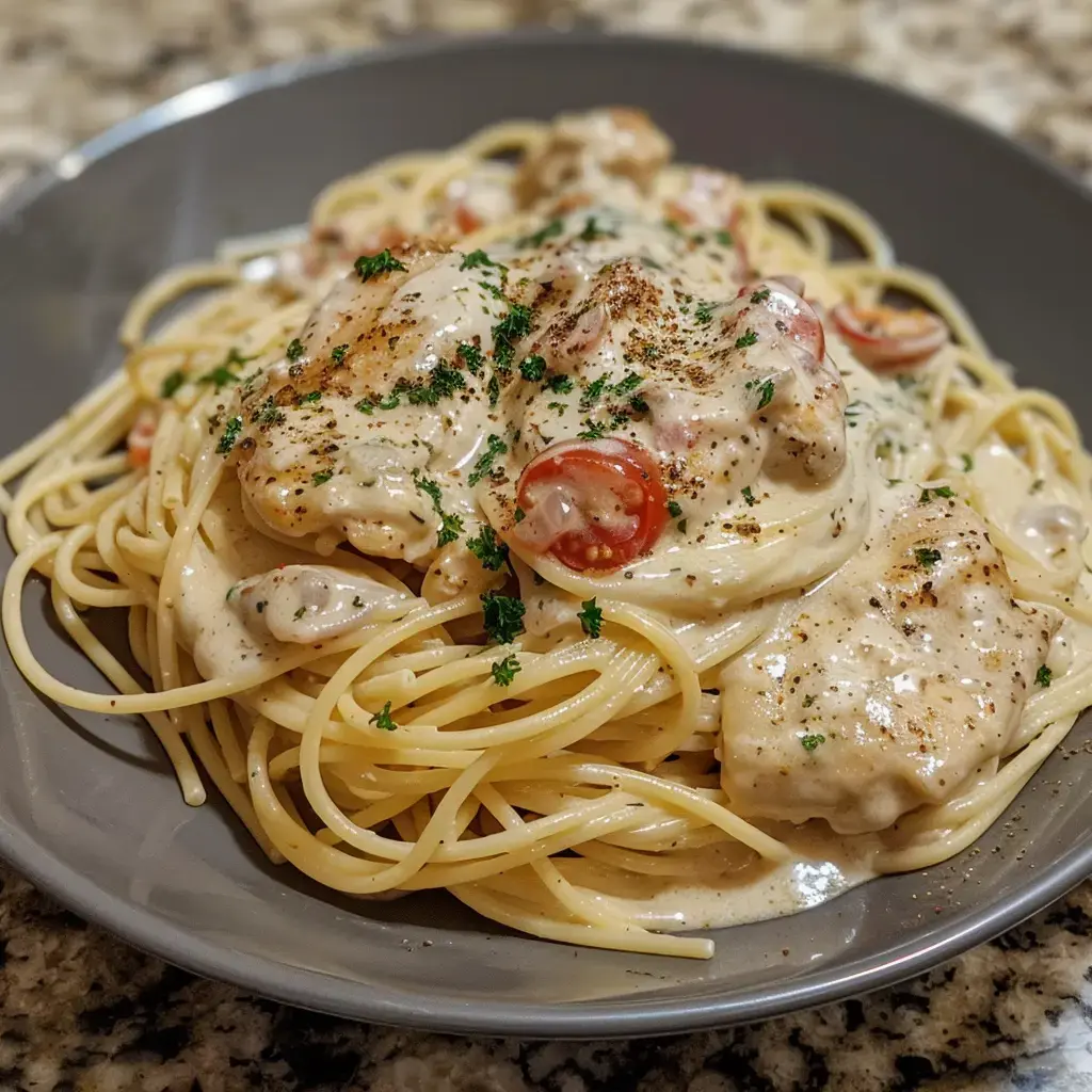 Pâtes spaghetti crémeuses avec poulet, tomates cerises et persil, servies dans une assiette grise.