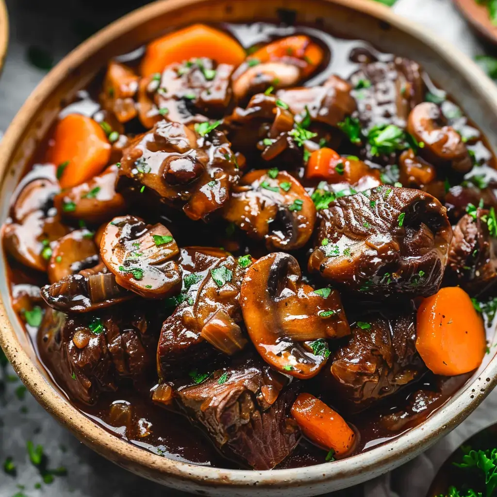 Un plat de viande mijotée avec des champignons et des carottes, garni de persil frais.