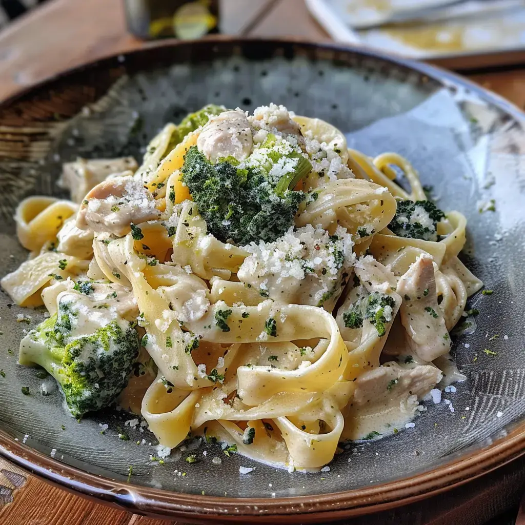 Un plat de pâtes fettuccine crémeuses avec du poulet et du brocoli, garni de fromage râpé.