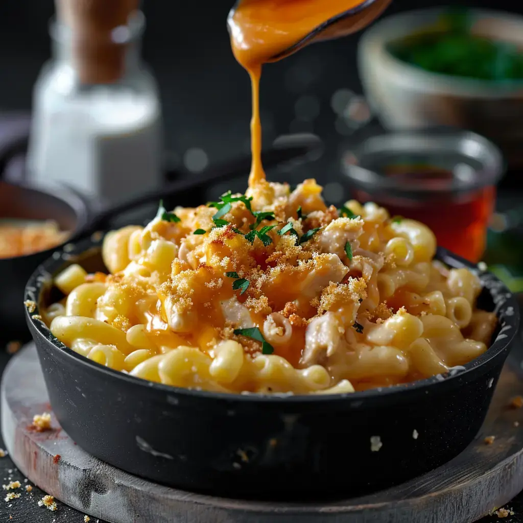 Un plat de macaroni au fromage garni de chapelure et arrosé d'une sauce crémeuse, avec des herbes fraîches en décoration.