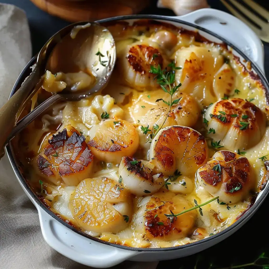 Un plat de coquilles Saint-Jacques gratinées, riche en crème et parsemé de thym, est servi dans un plat en céramique.