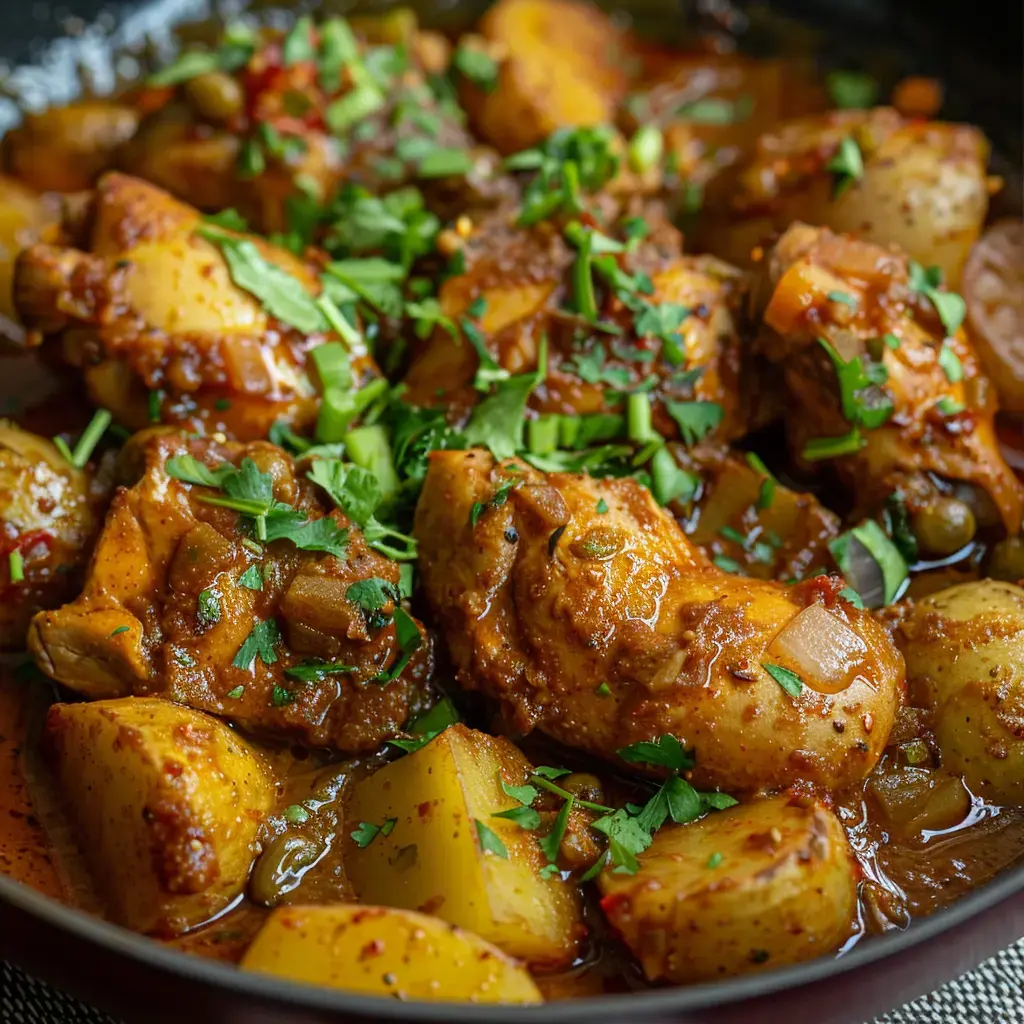 Un plat savoureux de poulet mijoté avec des pommes de terre et garni de coriandre fraîche.